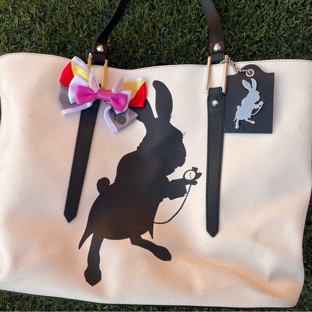 White and Black Tote Bag with Rabbit Design